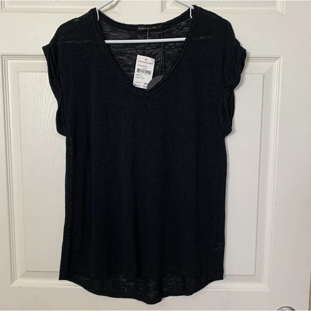 Harlowe & Graham Small Black Knit Short Cuff Sleeve Top V-Neck NWT